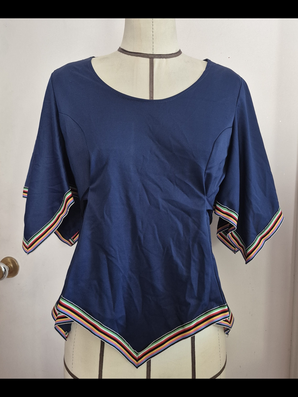 Vintage 70s M Navy Tunic with Rainbow Stripe Trim